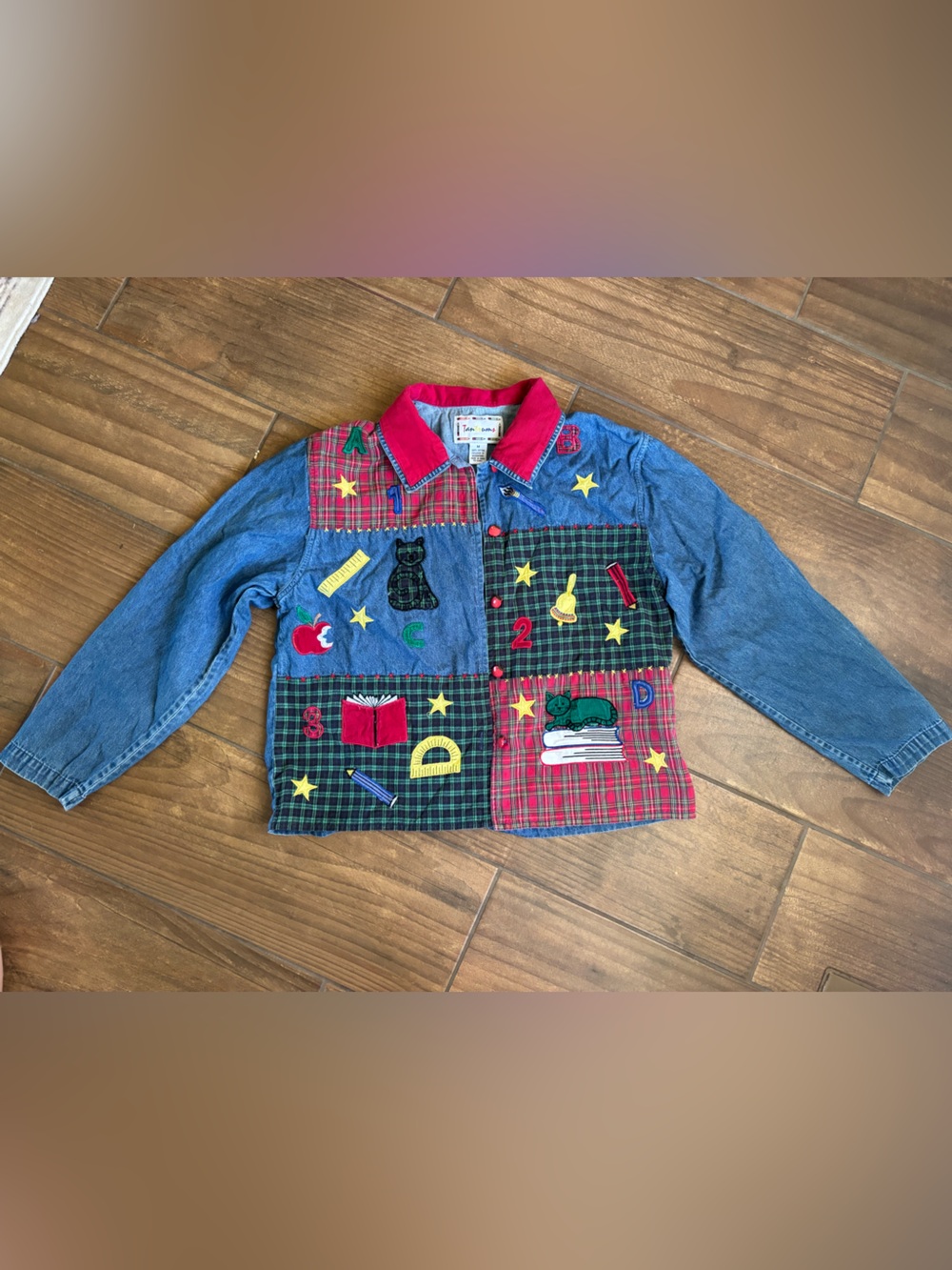 Vintage Tantrums Teacher Theme Patchwork Denim Shirt Jacket Apple Buttons M